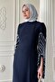 Cut Sleeve Detail Stone Navy Blue Evening Dress - 5
