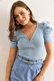 Women's Light Blue V Detailed Princess Sleeve Cotton Blouse Blz-19002296 - 6
