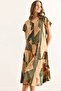 Women Geometric Camel V Neck Patterned Woven Viscose Midi Bell Dress Elb-19002443