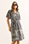 Women Patch Gray V Neck Belted Woven Mini Shirt Dress Elb-19002380 - 5