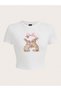 Women's White Ribbon Rabbit Printed Crew Neck Tight Crop Tshirt - 3