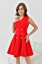Women's Lined Double Breasted Collar Button Design Sleeveless Mini Red Flared Dress 9347