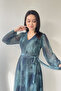 Women's Turquoise V-Neck Belted Tie-Dye Pattern Tulle Midi Length Plus Size Dress - 4