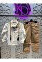 White Patterned Shirt Cream Pants Bow Tie and Suspender 4-Piece Bottom Top Boy's Suit - 2