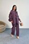 Ruffle Detail Long Sleeve Blouse and Wide Leg Pants Two Piece Set 8023 - Plum - 4