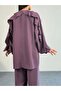Ruffle Detail Long Sleeve Blouse and Wide Leg Pants Two Piece Set 8023 - Plum - 8