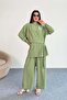 Lacing Detailed Shirt and Wide Leg Pants Double Set 2519 - Green - 4
