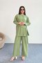 Lacing Detailed Shirt and Wide Leg Pants Double Set 2519 - Green - 3