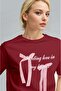 Women's Burgundy Ribbon Fluffy Textured Print Regular Fit Regular Fit T-Shirt - 2