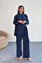 Lacing Detailed Shirt and Wide Leg Pants Double Set 2519 - Navy Blue - 3