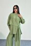 Lacing Detailed Shirt and Wide Leg Pants Double Set 2519 - Green - 6