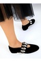 Women's Black Suede Ballerina Belted Ping Casual Shoes - 3