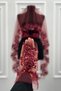 Burgundy Vip Bridal Veil Set, Flower Guipure Glass Bead Pearl Stitched Henna Veil Cover Set 6 Pieces - 9