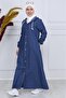 Women's Buttoned Hooded Dark Blue Denim Dress - 2