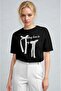 Women's Black Ribbon Fluffy Textured Print Regular Fit Regular Fit T-Shirt