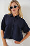 Women's Short Sleeve Crop Shirt 20335 - Navy Blue