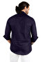 Men's Navy Blue Half Button Striped Judge Collar Raw Linen Long Sleeve Shirt 2201914 - 5