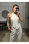 Emily Beige Bamboo Linen Asymmetrical Halter Neckline Blouse Pants Suit - 2