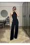 Emily Black Bamboo Linen Asymmetrical Halter Neckline Blouse Pants Suit