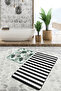Black and White Striped Tropical Leaf Motif 2-Piece Bathroom Rug & Toilet Mat Set - 2