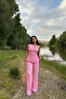 One Shoulder Seersucker Fabric Pink Blouse Pants Set - 3