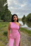 One Shoulder Seersucker Fabric Pink Blouse Pants Set - 2