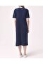 Women's Navy Blue Short Sleeve Side Slit Midi Length Combed Cotton Dress - 5