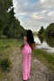 One Shoulder Seersucker Fabric Pink Blouse Pants Set - 6