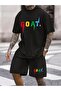 Goat. T-Shirt Shorts Combination Set - Black Printed Oversize Crew Neck