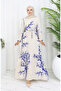 Patterned Belted Linen Dress 2087-01 Beige Navy Blue