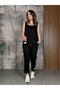 Women's Strappy Round Neck Viscose Two Thread Blouse and Sweatpants Double Set