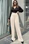 Women's Beige Pleated Wrinkled Knitted Crepe Pants with Elastic Waist - 700-3578