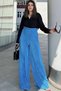 Women's Blue Pleated Wrinkled Knitted Crepe Pants with Elastic Waist - 700-3578 - 2