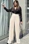 Women's Beige Pleated Wrinkled Knitted Crepe Pants with Elastic Waist - 700-3578 - 5