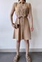 Women's Beige Double Pocket Belted Shirt Dress - 700-2945 - 5