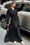 Women's Black Pompom Aerobin Self-Textured Gathered Plus Size Comfortable Fit Dress - 700-3550