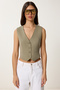 V-Neck Buttoned Woven Vest Khaki Lvw0003 - 3