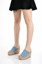 Women's Genuine Leather Straw Wedge Heeled Slippers 6323 Petrol Blue