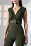 Khaki Sandy Fabric Padded Belt Detail Jumpsuit - 7