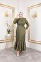 Women's Ruffle Detailed Belted Khaki Linen Dress