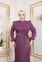 Women's Ruffle Detailed Belted Purple Linen Dress - 5