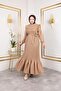 Women's Ruffle Detailed Belted Beige Linen Dress