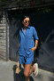 Women's Aerobin Linen Short Sleeve Shirt and Shorts Bottom-Top Set Blue - 3