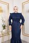 Women's Ruffle Detailed Belted Navy Blue Linen Dress - 4