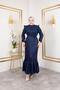 Women's Ruffle Detailed Belted Navy Blue Linen Dress