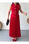 Women's Pleated Skirt Suit with Red Gold Button Detail - 6