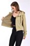 100% Cotton Without Raised High Quality Light Khaki 3 thread Hooded Women's Crop Sweatshirt with Zipper Pocket - 2