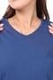 100% Cotton Women's Navy Blue V-neck side slit asymmetrical combed cotton knitted T-shirt t-shirt tunic - 8