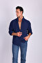 Dark Blue Ayrobin Textured Owersize Linen Men's Shirt - 4