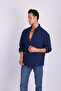 Dark Blue Ayrobin Textured Owersize Linen Men's Shirt - 5
